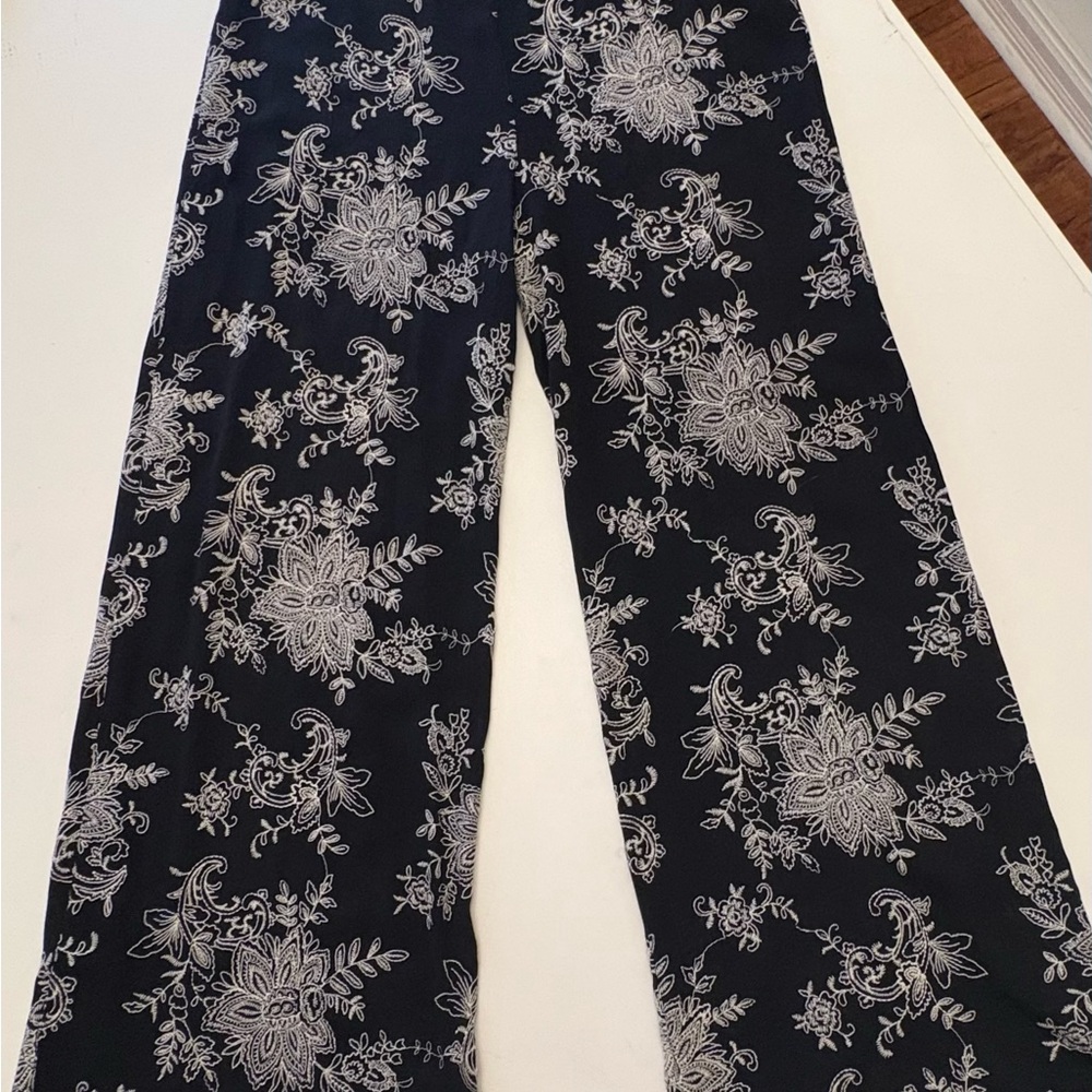 Karen Kane Black Pants with White Embroidery